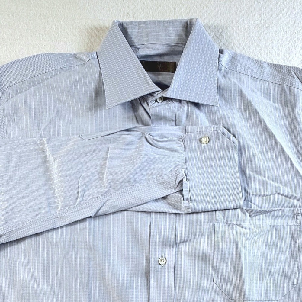 Canali Dress Shirt Mens XL 17 Striped Micro Check Long Sleeve Blue White Italy